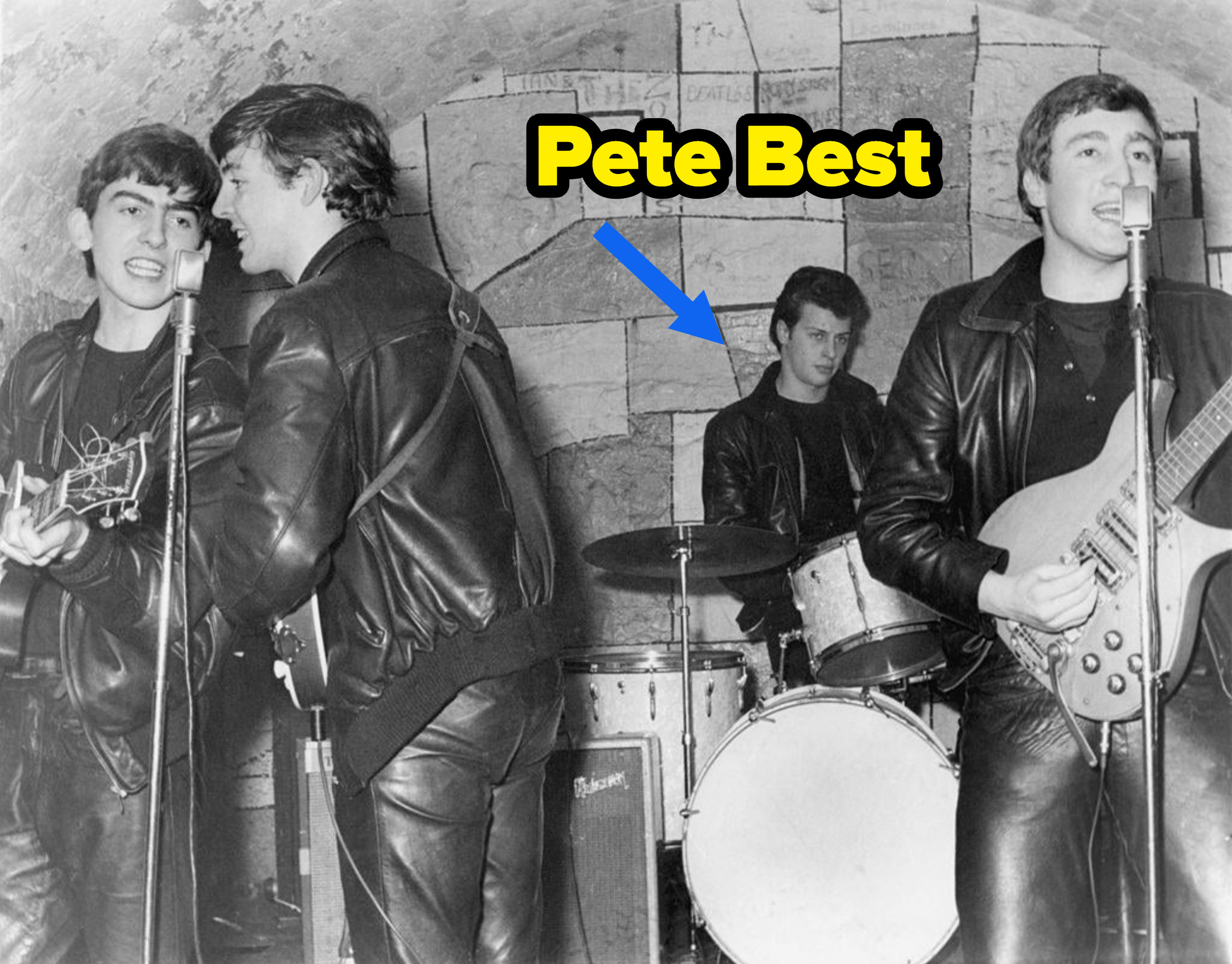 Black-and-white photo of early Beatles performance with Pete Best on drums