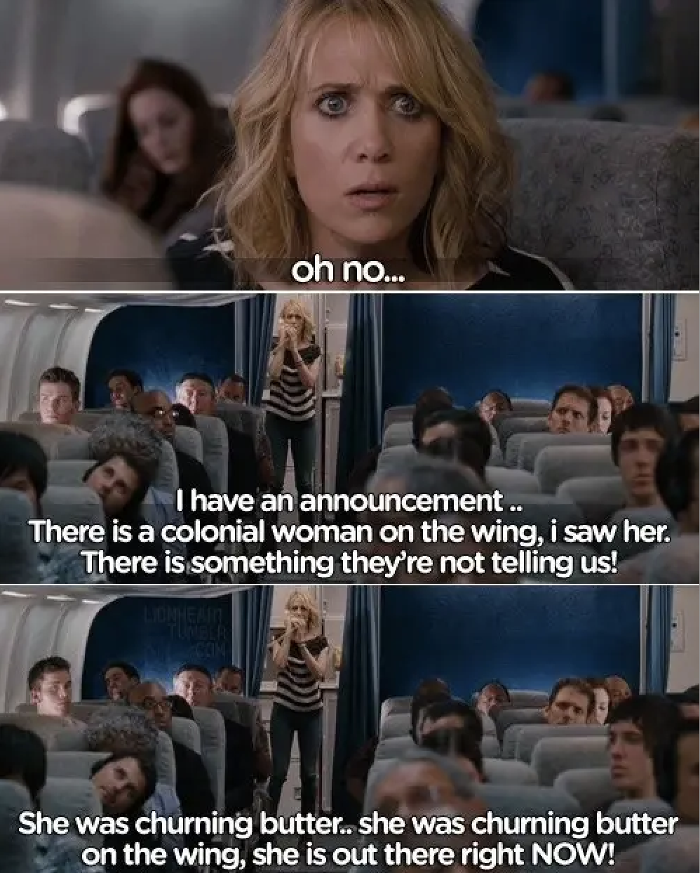 Kristen Wiig on a plane telling the passengers that a colonial woman is on the plane