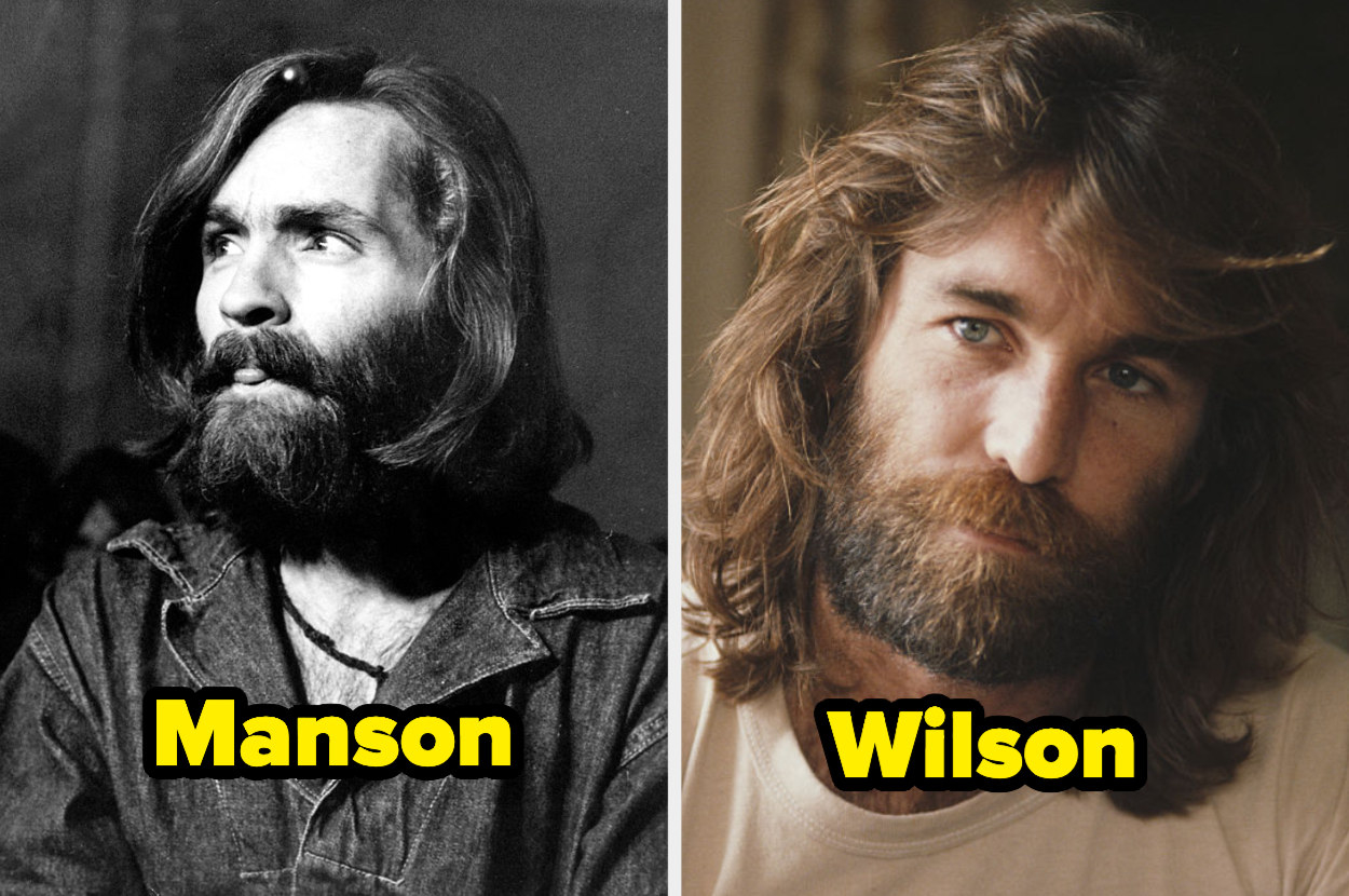 Black-and-white image of Manson and a color photo of Wilson, both with long hair, beards, and mustaches