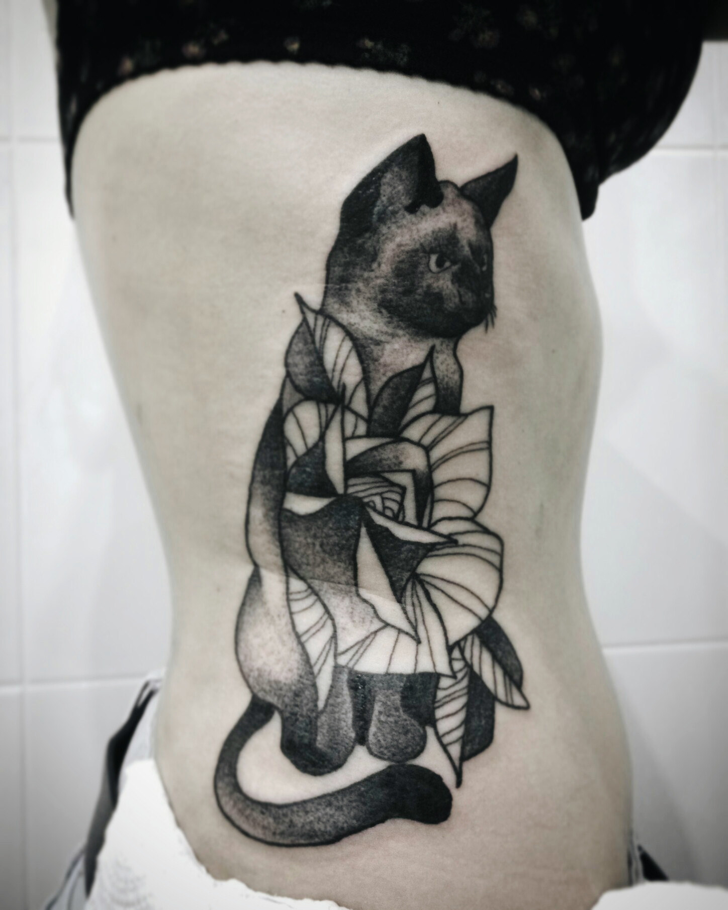 A cat tattooed on someone&#x27;s torso