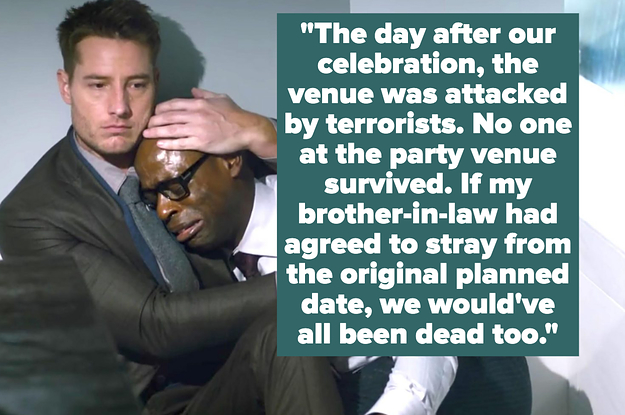 Justin Hartley as Kevin holds Sterling Brown as Randall in "This is Us"