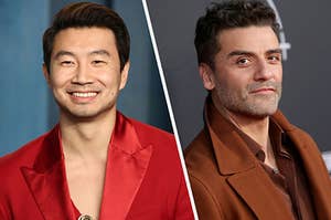 Simu Li wears a brightly colored suit and Oscar Issac wears a fall colored wool coat