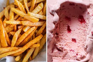 french fries on the left and strawberry ice cream on the right
