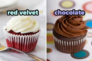 On the left, a red velvet cupcake, and on the right, a chocolate cupcake