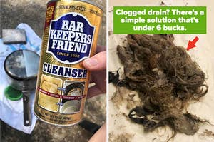 Reviewer's bar keeper's friend and clogged drain hair on paper towel