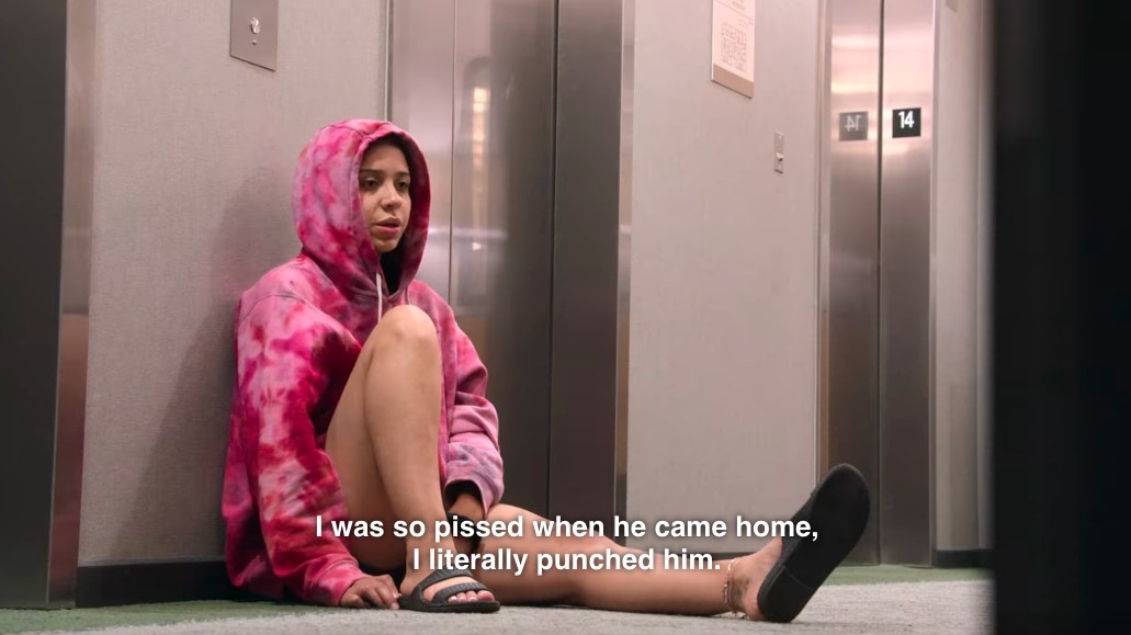 Rae sits by an elevator and says, &quot;I was so pissed when he came home, I literally punched him&quot;