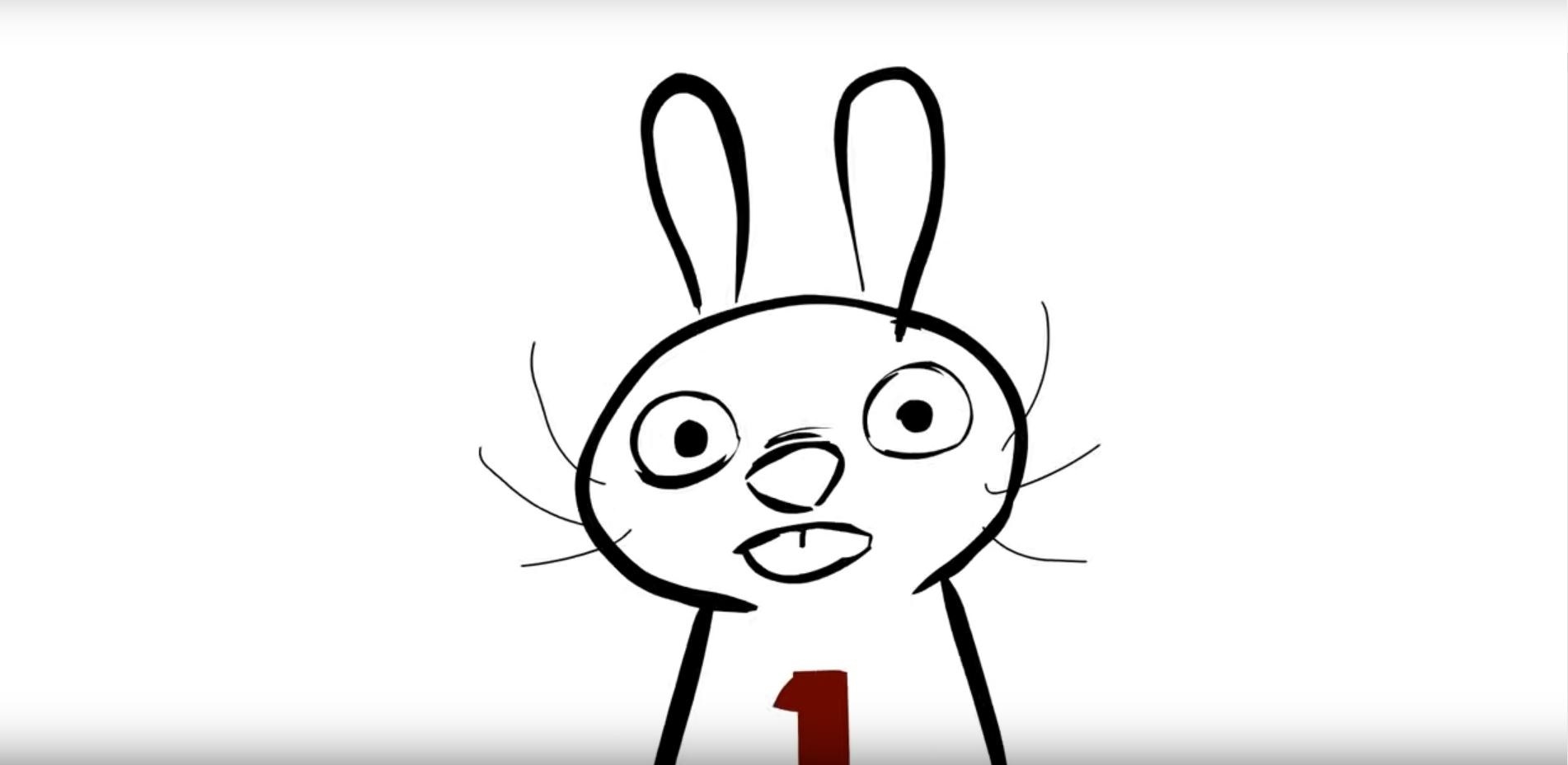 A cartoon bunny with a red number one on its chest