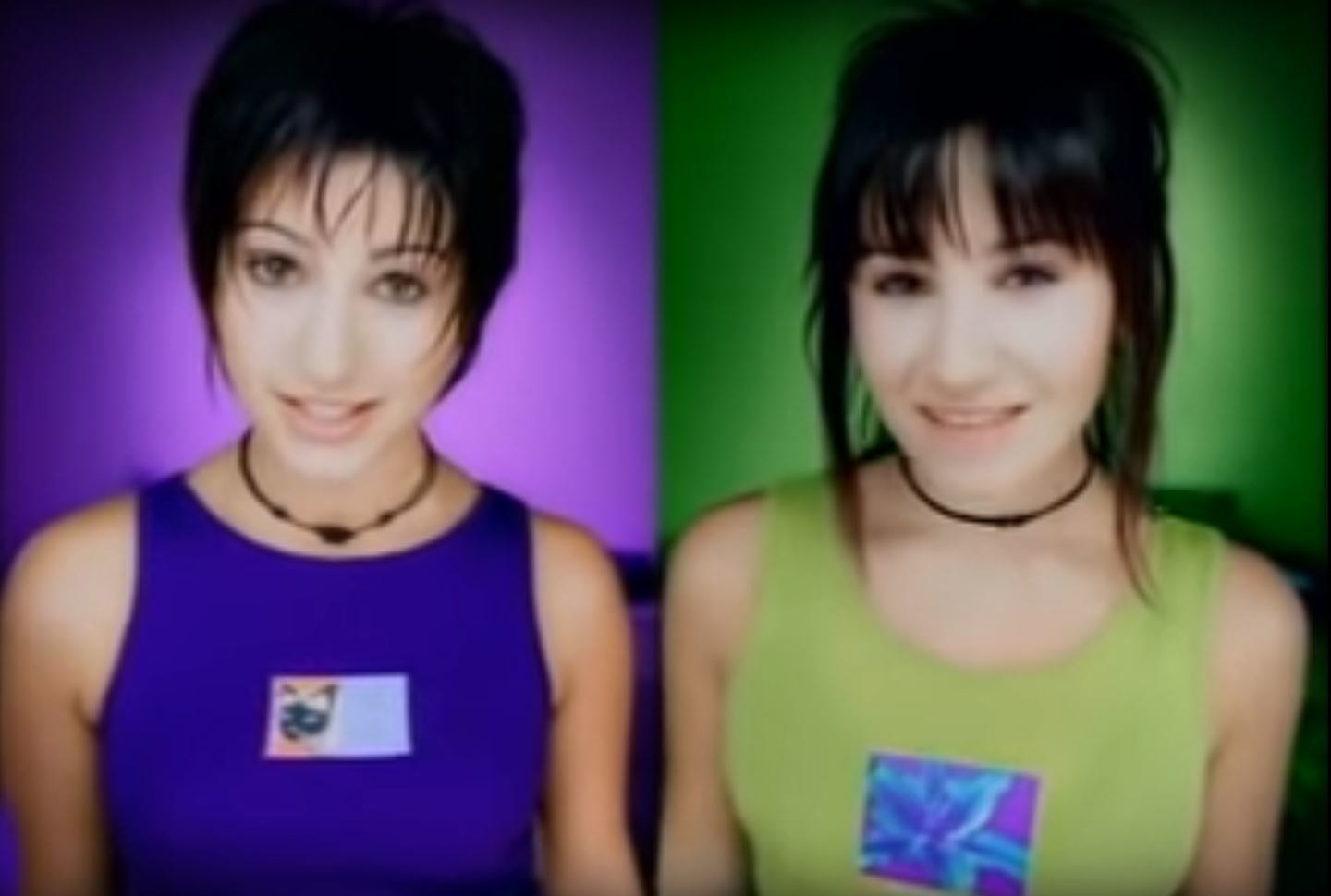 Christine, left, in a purple top on a purple background, and Sharon, right, in a green top on a green background