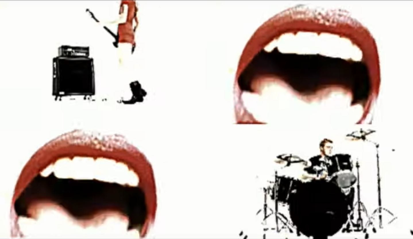 A quadrant of images. Going clockwise from top left: guitarist in red dress and amp, mouth with red lipstick, mouth with red lipstick, drummer at black drumkit