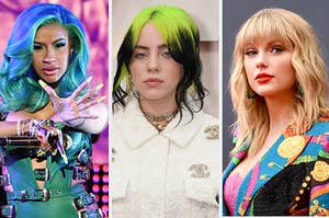Billie Eilish, Taylor Swift, and Cardi B all face each other in a thumbnail