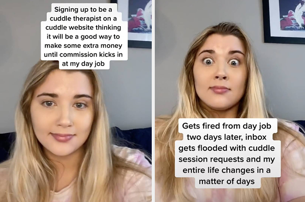 Left: Screengrabs of a TikTok by user cuddleworks describing her signing up as a cuddle therapist Right: Screengrabs of a TikTok by user cuddleworks describing her inbox flooded with cuddle requests