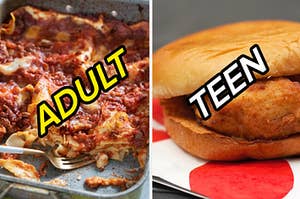 A pan of pasta is on the left labeled, "teen" with a chicken sandwich labeled, "adult"