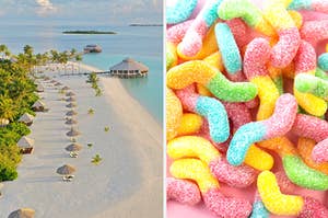 A view of Maldives is on the left with gummy worms on the right