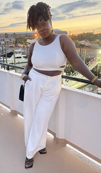 reviewer wearing the pants