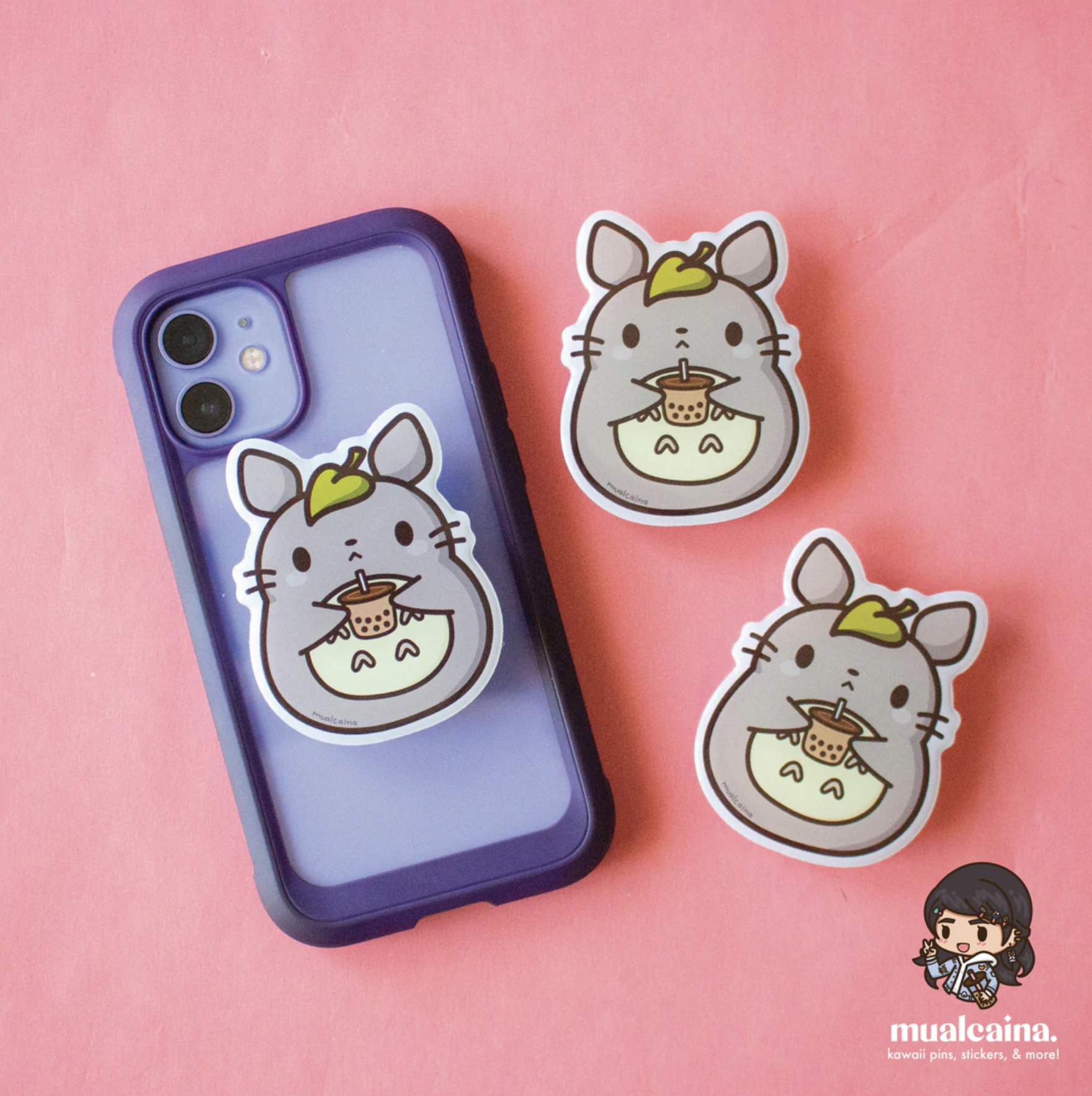 Totoro drinking boba on a phone case