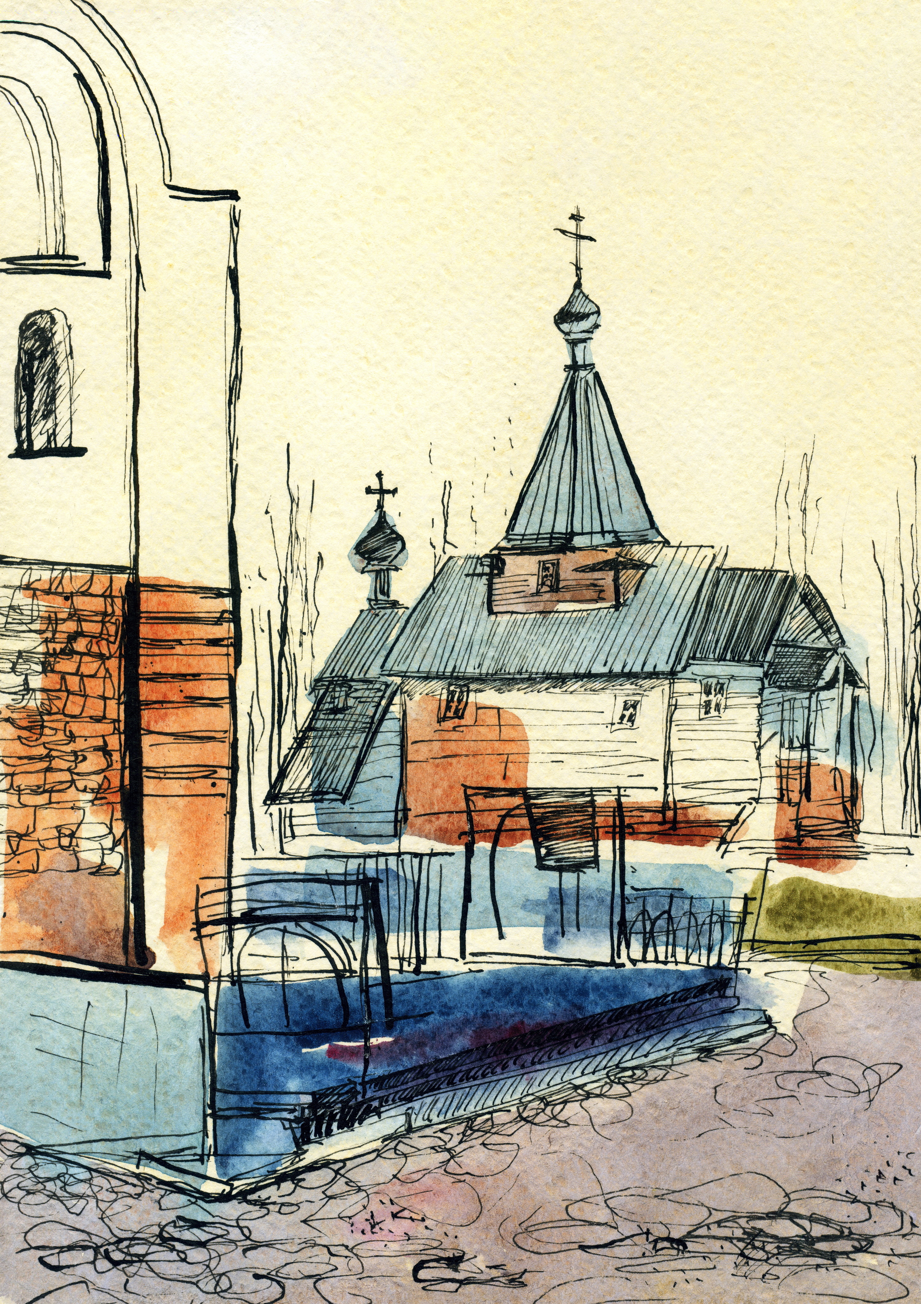 Watercolor painting of a church