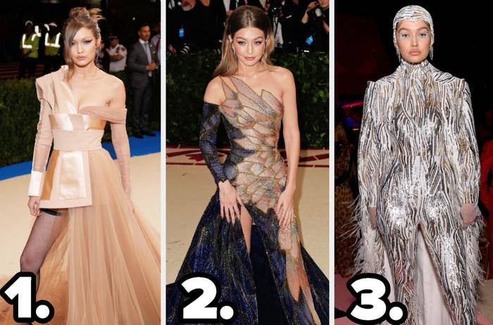 Gigi Hadid wears an off the shoulder short gown, a one shoulder sparkly gown, and a full body suit with fringe