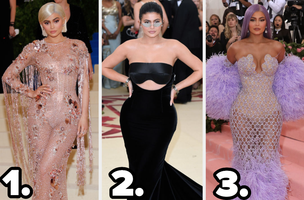Kylie Jenner wears a long sleeve gown with fringe on the sleeves, a dark strapless gown with a cut out on the bodice, and a strapless sparkly dress with fuzzy sleeves