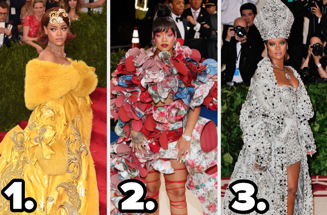 Rihanna wears a strapless gown with a fur collar, a patterned dress with several colors, and a beaded mini dress with a long robe, and replica of the Pope&#x27;s hat