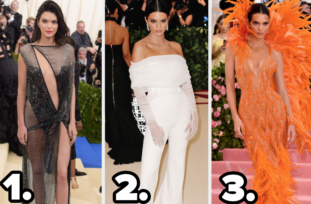 Kendall Jenner wears a sparkly sheer gown, a strapless jumpsuit, and a thin strap sparkly gown with feathers on the back
