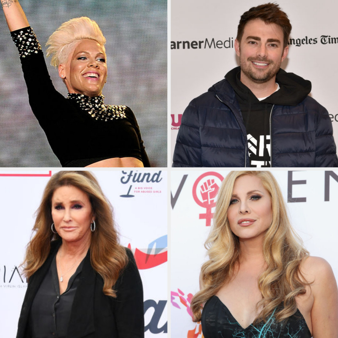 Pink smiling and waving; Jonathan Bennett smiling; Caitlyn Jenner frowning; Candis Cayne smiling