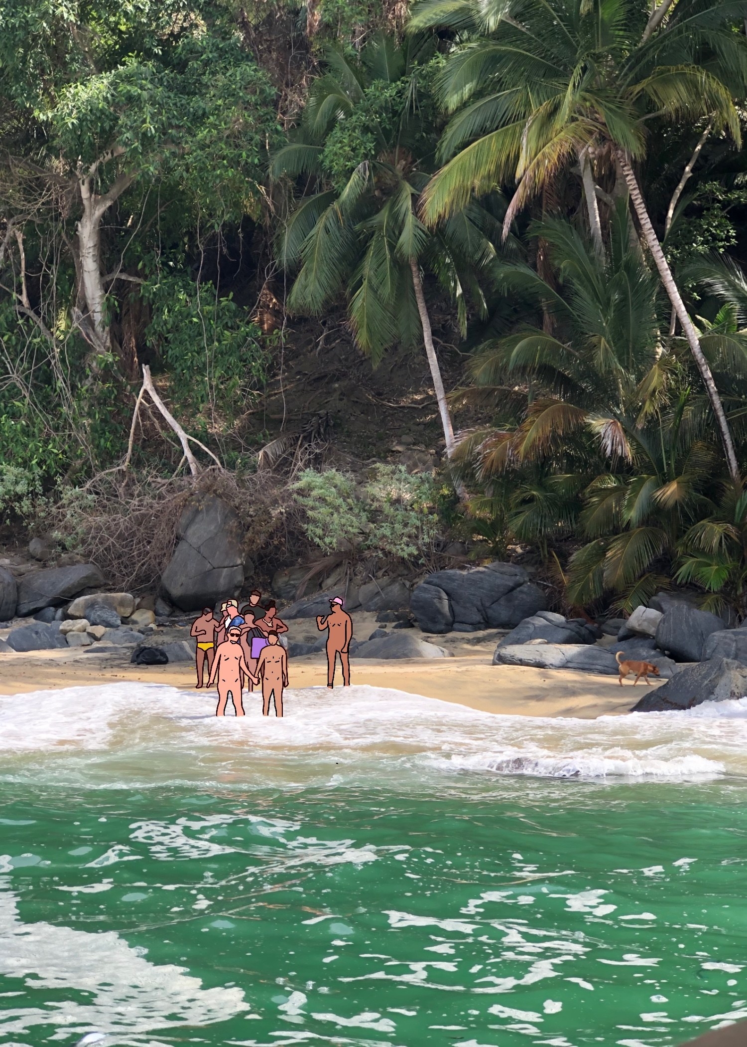 beach view from boat with naked men waiting on shore