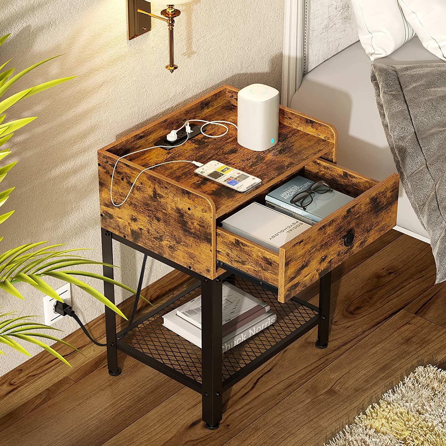 nightstand with drawer open with phone and home assistant plugged in on top