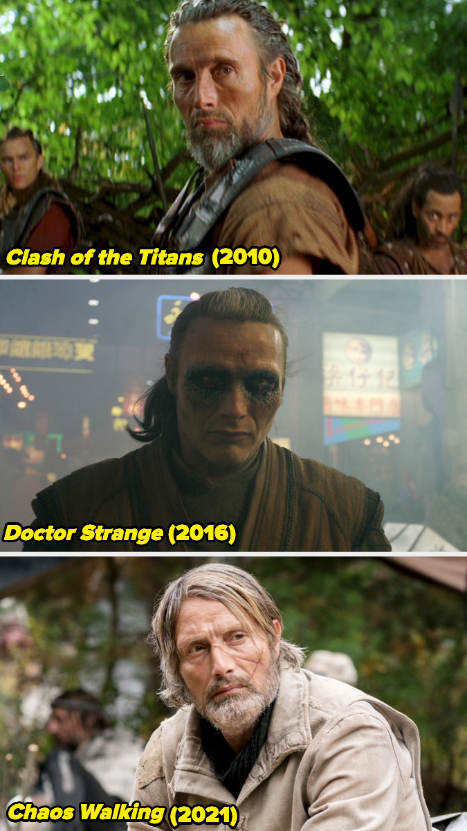 Stills of Mads Mikkelsen in &quot;Clash of the Titans,&quot; &quot;Doctor Strange,&quot; and &quot;Chaos Walking.&quot;