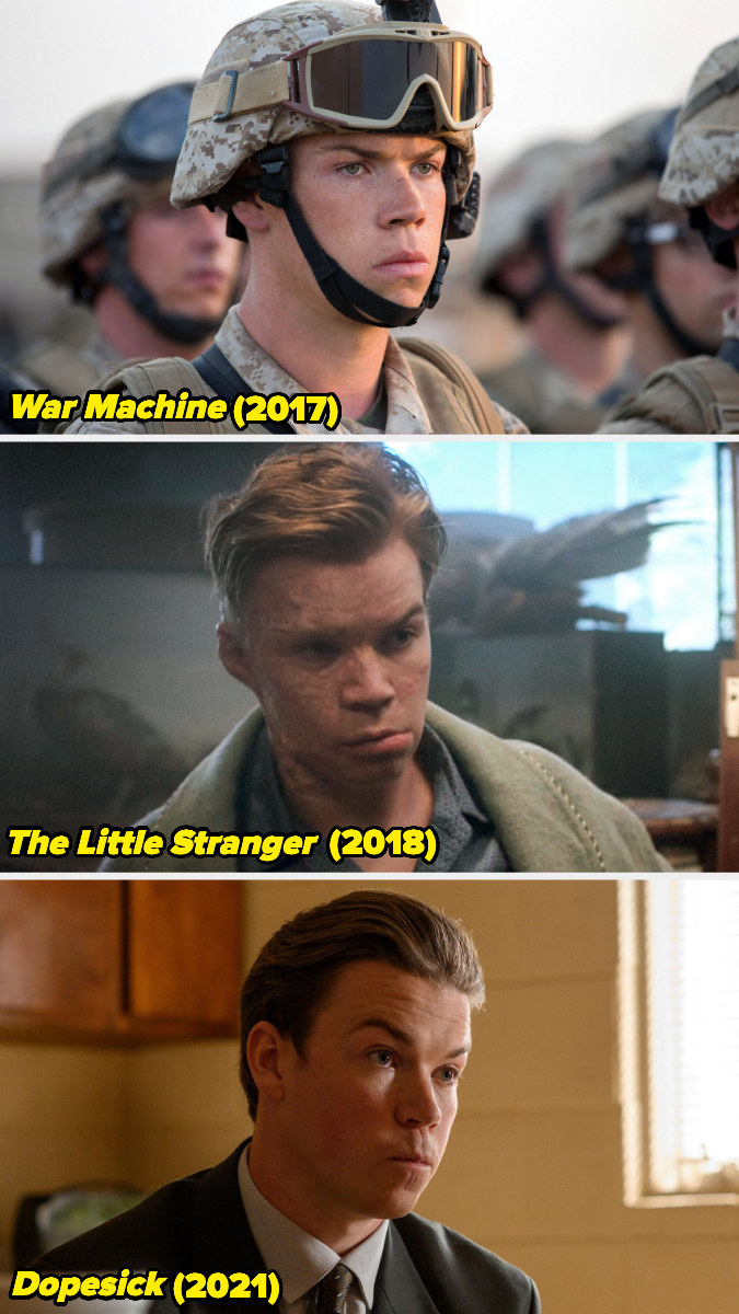 Stills of Will Poulter in &quot;War Machine,&quot; &quot;The Little Stranger,&quot; and &quot;Dopesick.&quot;
