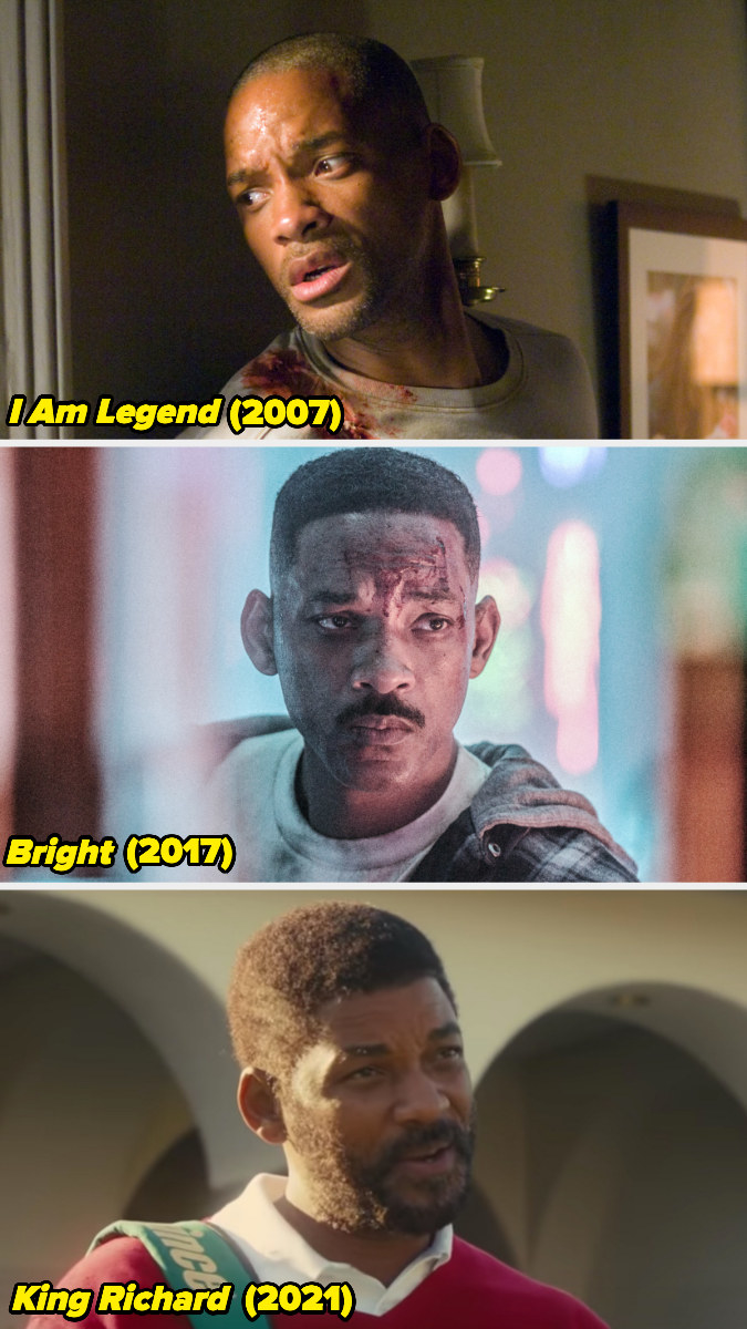 Stills of Will Smith from &quot;I Am Legend,&quot; &quot;Bright,&quot; and &quot;King Richard.&quot;