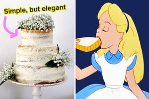 a simple and elegant wedding cake on the left covered in baby's breath flowers and alice in wonderland eating cake on the right
