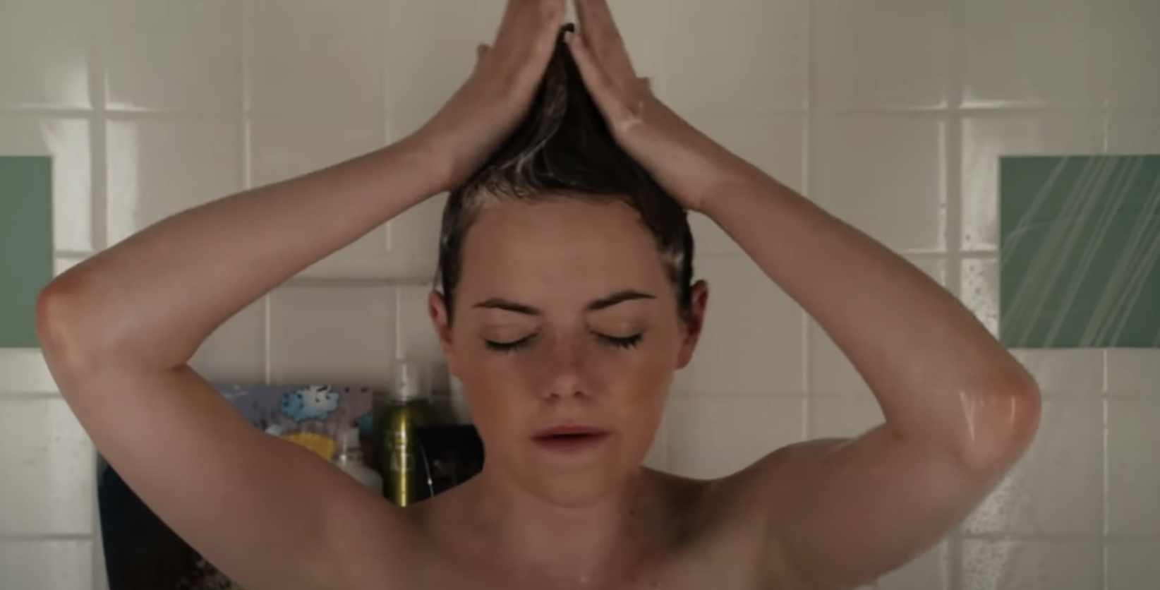 Emma Stone showering and washing her hair