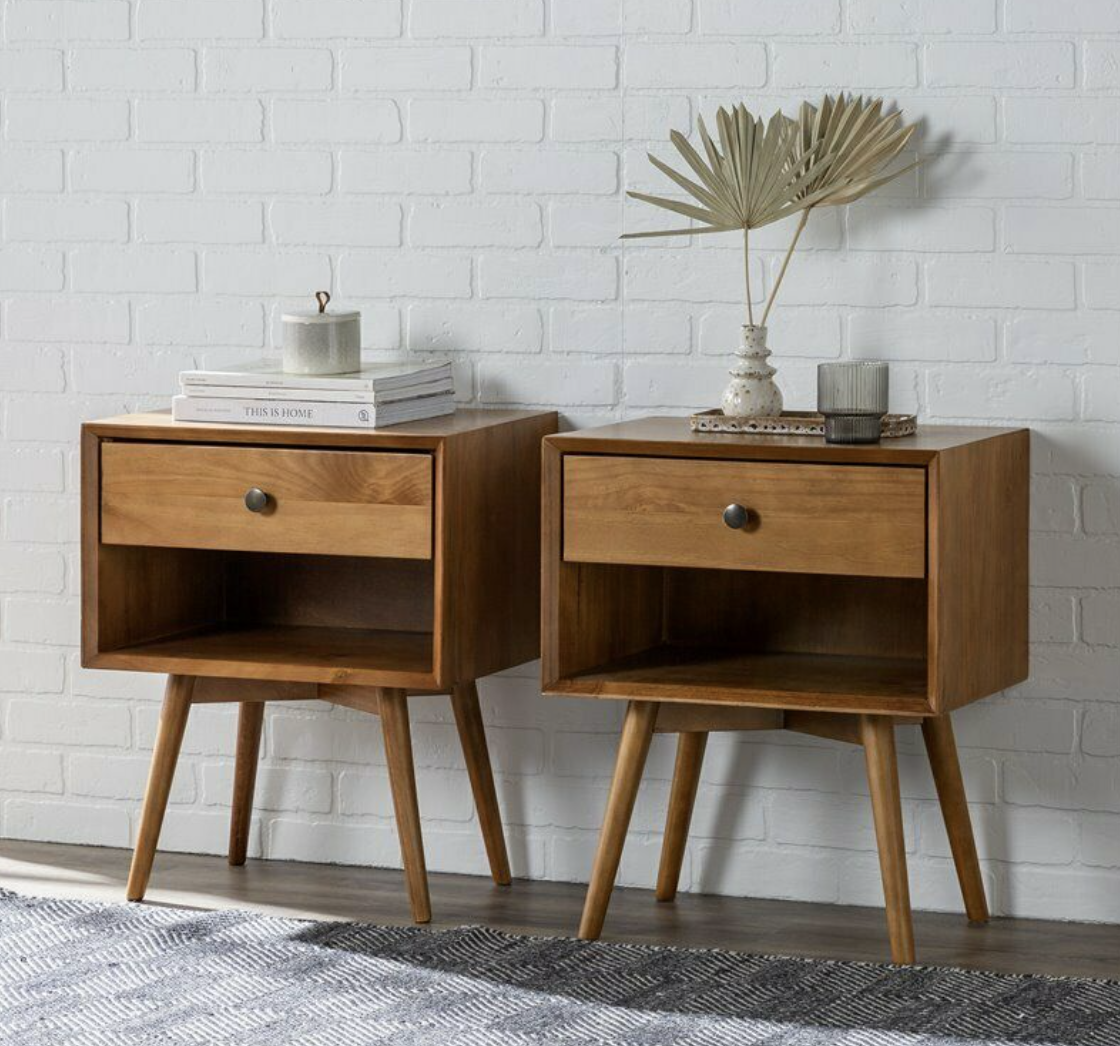 Two mid century night stands in a light brown stain