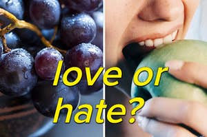 "love or hate?" is written under grapes and a woman biting an apple