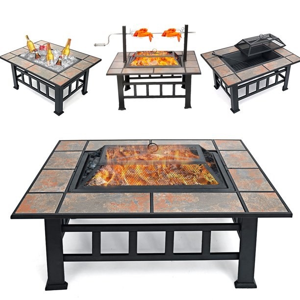 the fire pit shown as a rotisserie and ice bucket