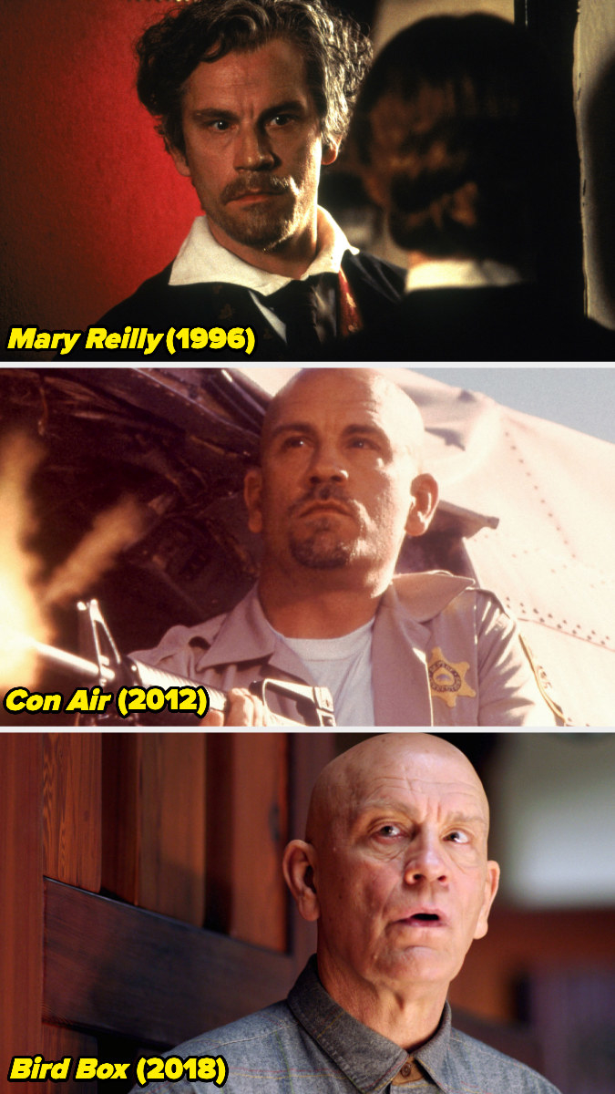 Stills of John Malkovich in &quot;Mary Reilly,&quot; &quot;Con Air,&quot; and &quot;Bird Box.&quot;