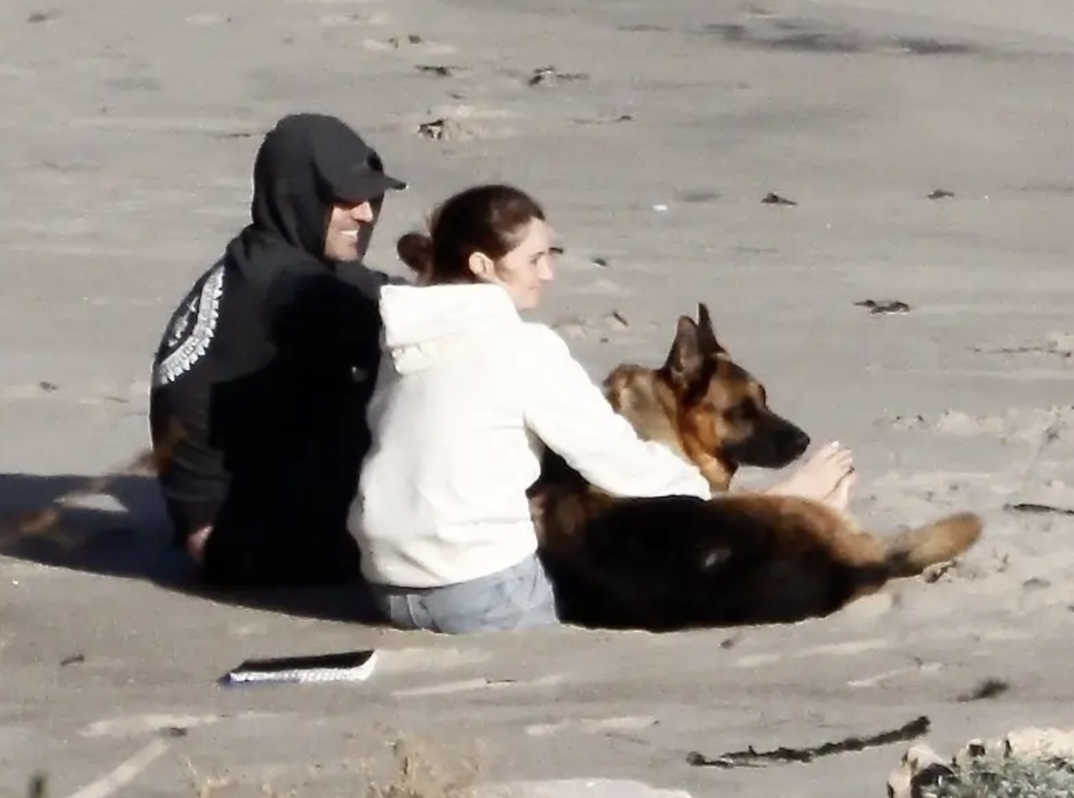 shailene and aaron on the beach with a dog