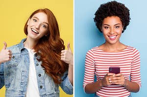 Woman putting thumbs up versus woman texting on phone and smiling