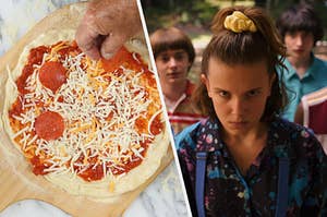 An over head shot of a hand putting pepperoni on a homemade pizza and a close up of Eleven looking angry