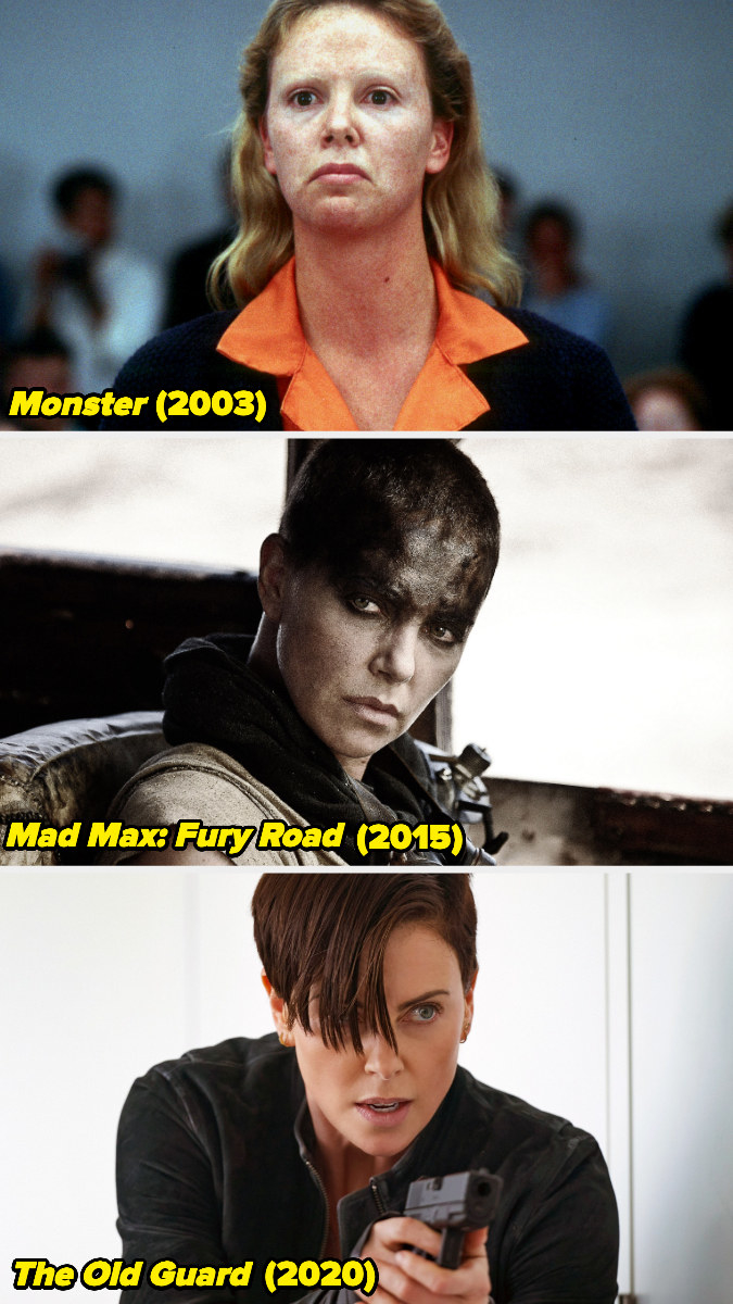 Stills of Charlize Theron in &quot;Monster,&quot; &quot;Mad Max: Fury Road,&quot; and &quot;The Old Guard.&quot;