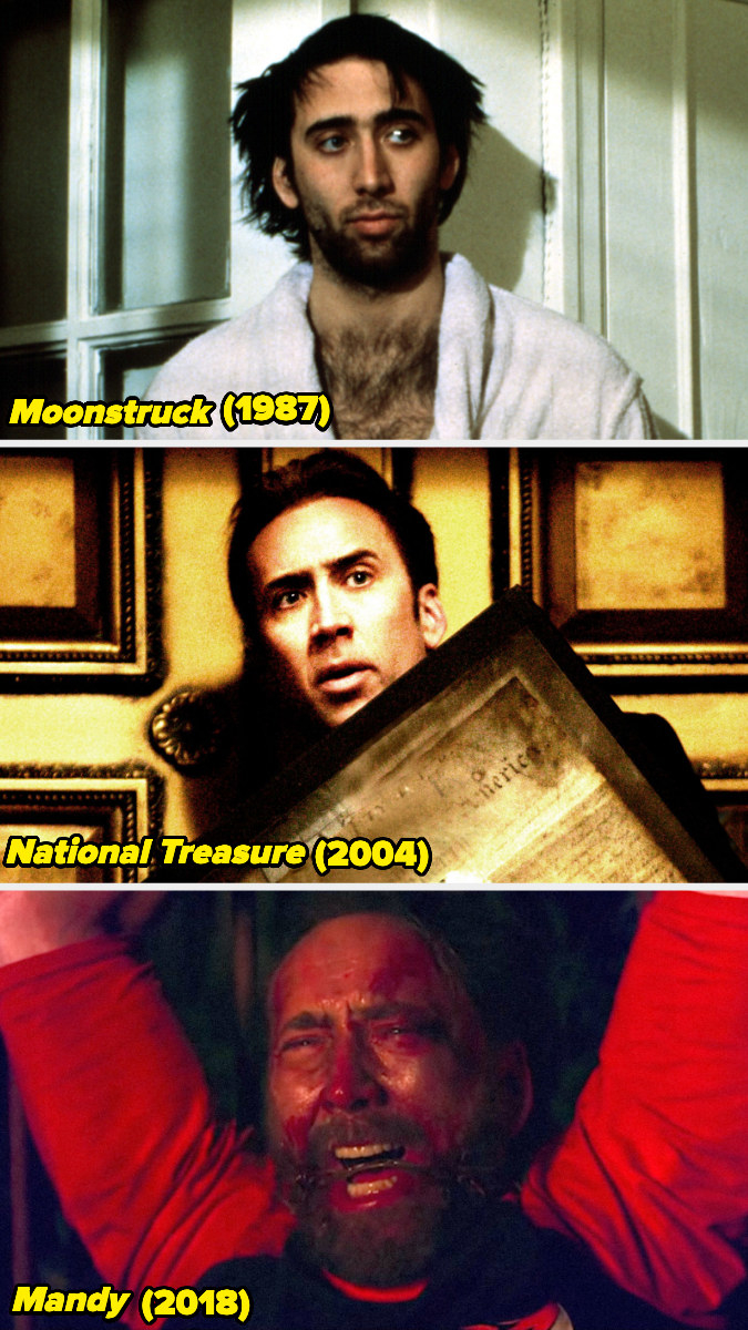 Stills of Nicolas Cage in &quot;Moonstruck,&quot; &quot;National Treasure,&quot; and &quot;Mandy.&quot;