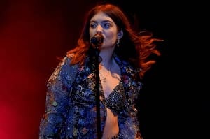 A closeup of Lorde performing