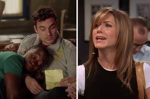 Two characters from "New Girl" lean on each other with Rachel from "Friends" on the right
