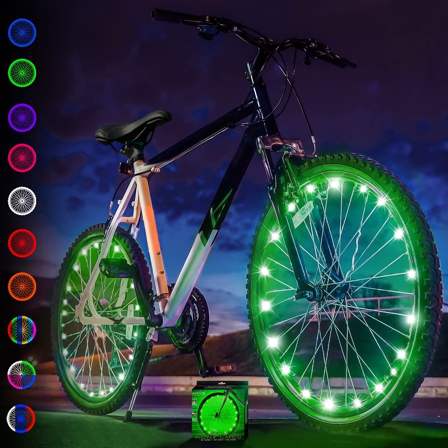 a bike with colourful lights on both wheels
