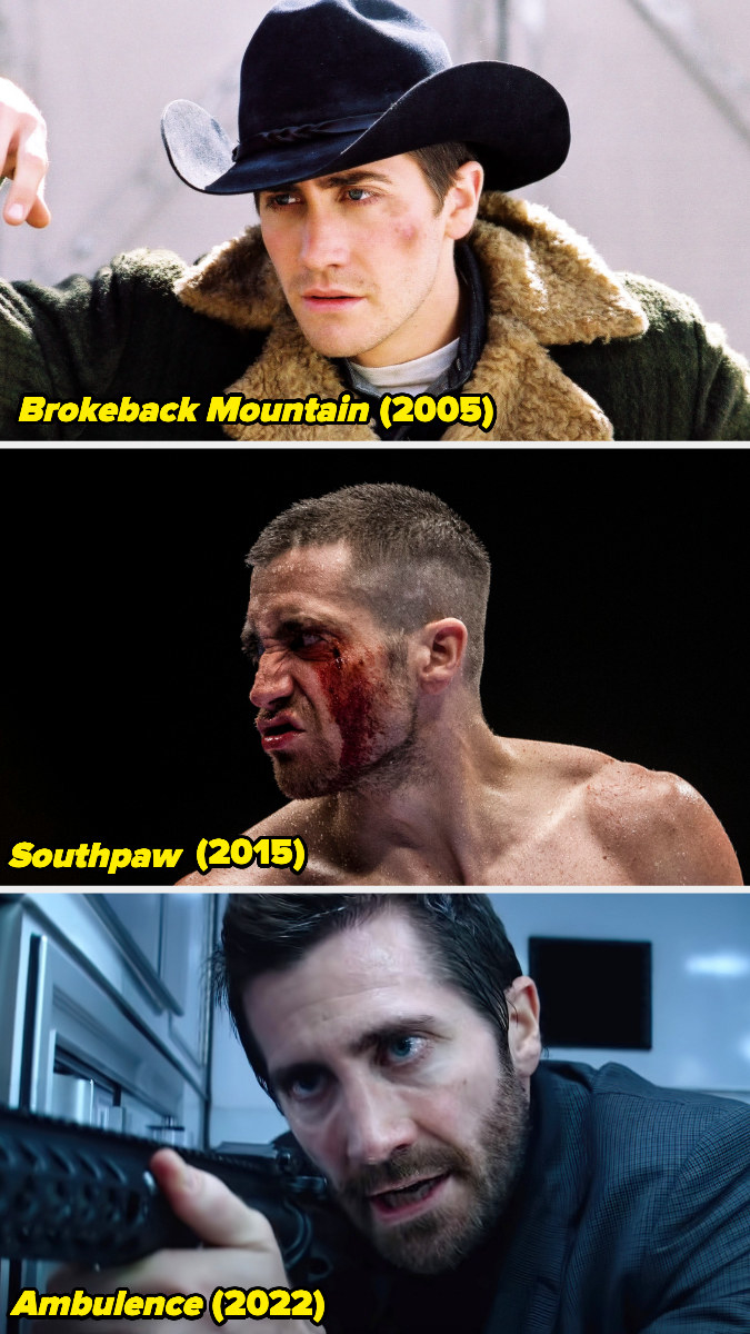 Stills of Jake Gyllenhaal in &quot;Brokeback Mountain,&quot; &quot;Southpaw,&quot; and &quot;Ambulance.&quot;