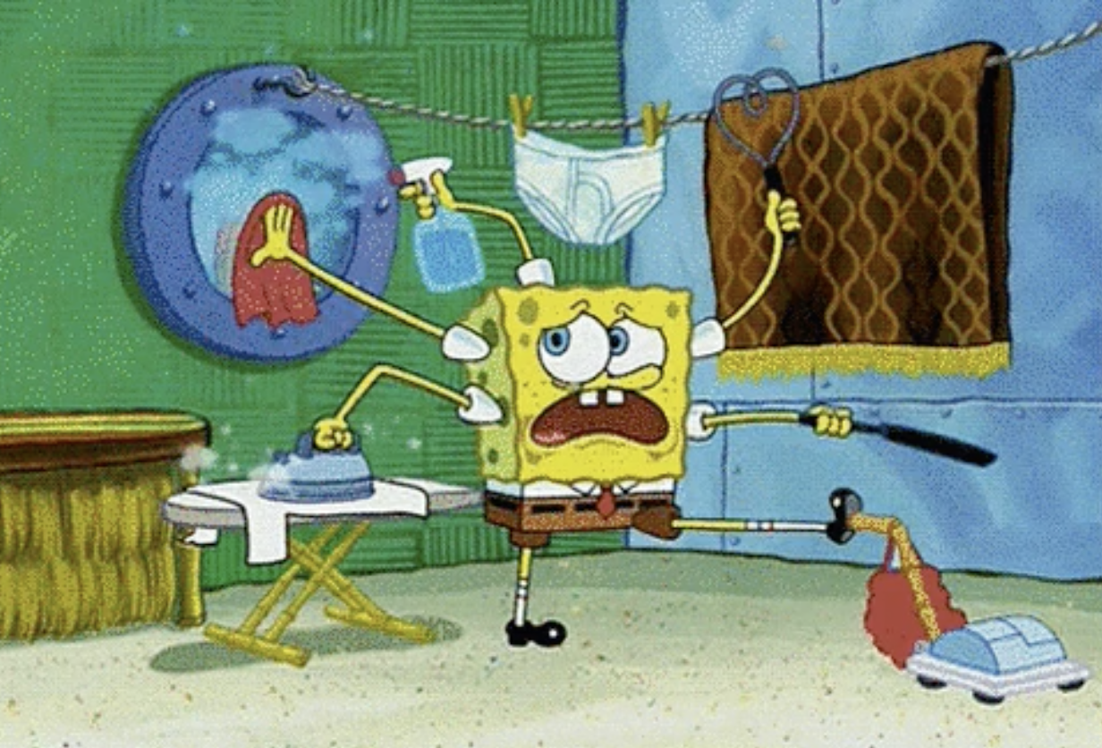 SpongeBob looking distressed doing many chores at once