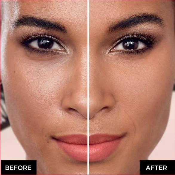 before and after of a person using the powder foundation