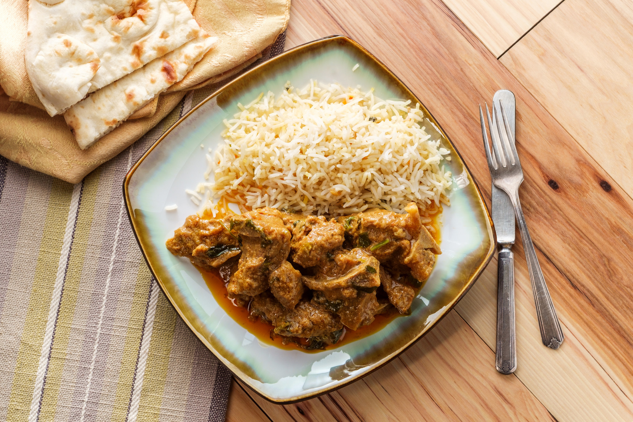 Indian goat korma curry with jasmine rice