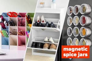stationery organizer, shoe cabinet, magnetic spice jars