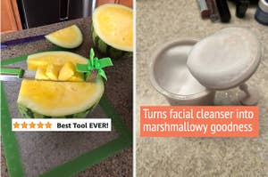 watermelon slicer with cut-up chunks/marshmallow whip device with foam inside